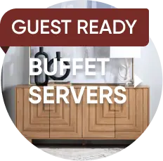 GUEST READY BUFFET SERVERS: A light wood buffet cabinet with geometric door detailing, topped with decor and a lamp.