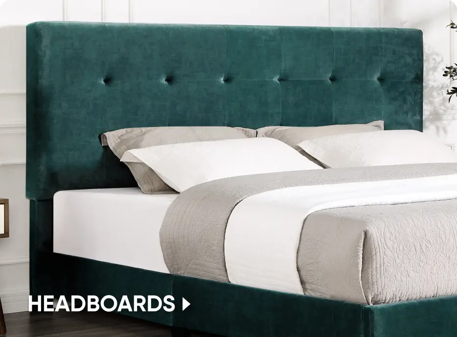 HEADBOARDS. A teal velvet upholstered bed frame with a tufted headboard and grey bedding.