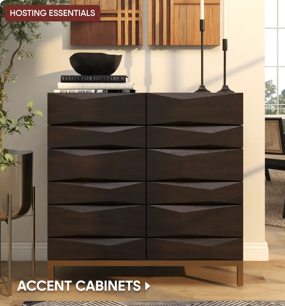 HOSTING ESSENTIALS ACCENT CABINETS. A dark wood six-drawer cabinet with geometric drawer fronts and gold metal legs.