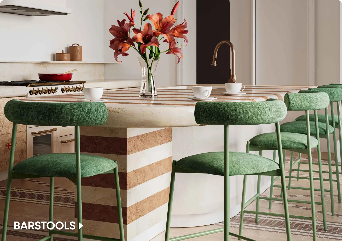 BARSTOOLS. Modern green upholstered barstools with curved backrests arranged around a striped stone kitchen island.