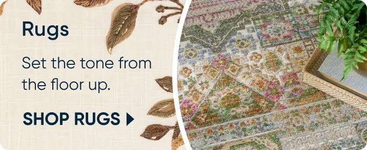 Rugs: Set the tone from the floor up. SHOP RUGS. A colorful, patterned area rug with a green plant in the corner.