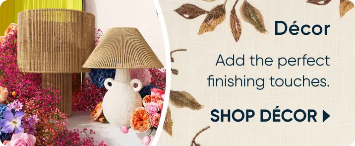 Décor: Find perfect finishing touches. SHOP DÉCOR. A decorative lamp and vase surrounded by vibrant pink flowers.