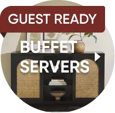 GUEST READY BUFFET SERVERS: A black buffet cabinet with natural cane door panels and open shelving.