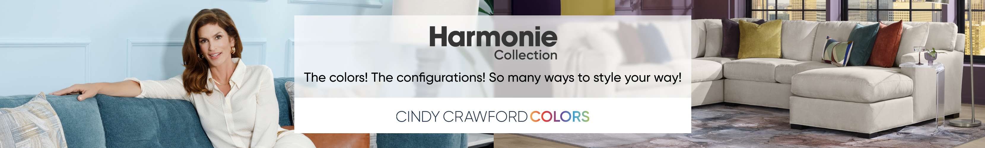 Harmonie Collection. Cindy Crawford Colors. Woman on a blue sofa.
