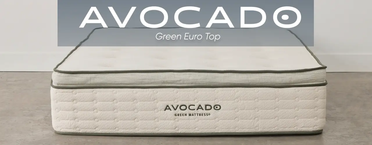 Avocado Green Euro Top mattress, featuring a cream-colored quilted top with green piping on a grey background.