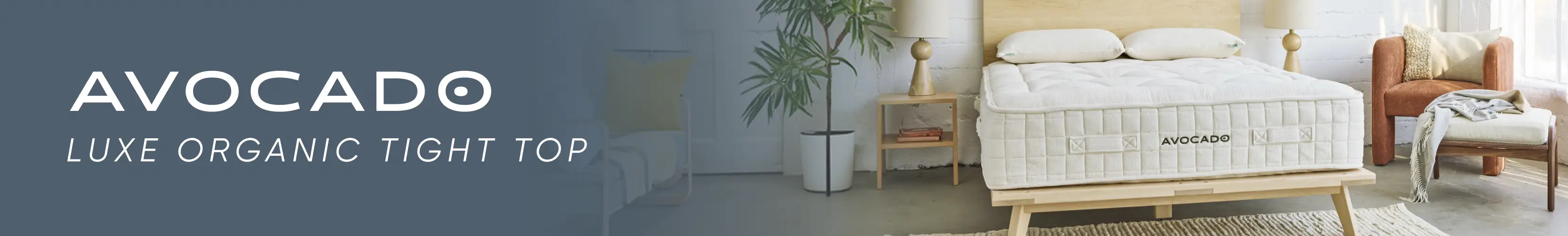 AVOCADO LUXE ORGANIC TIGHT TOP. An Avocado organic mattress on a wooden bed frame in a bright, modern bedroom.