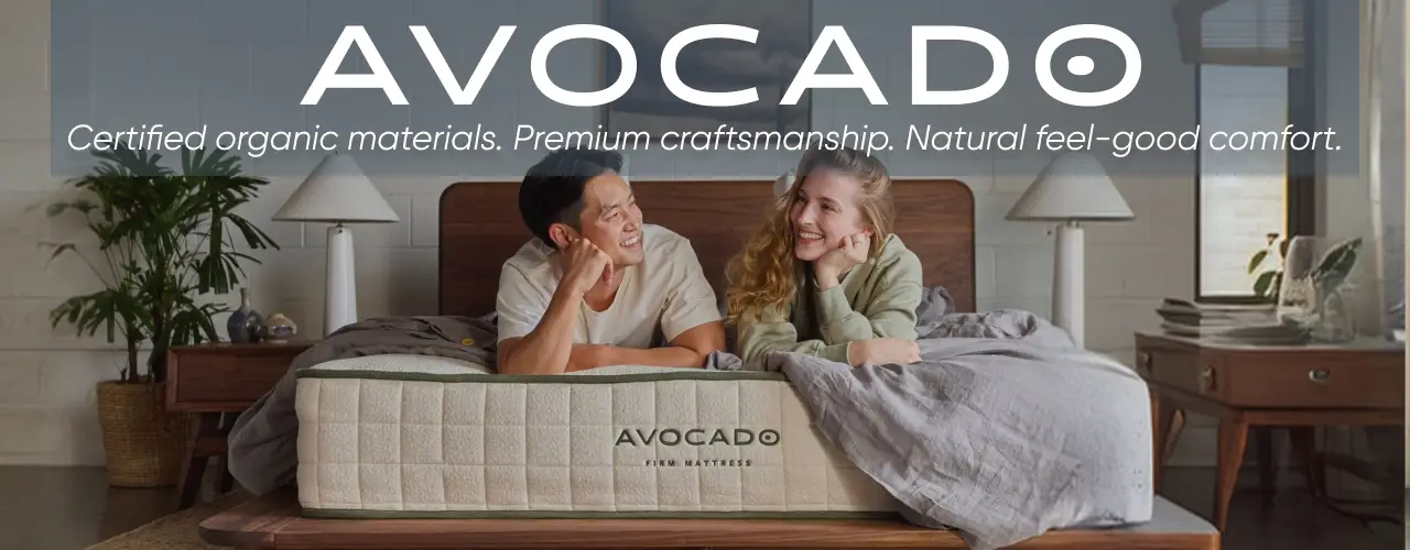 AVOCADO: Certified organic materials. Premium craftsmanship. Natural feel-good comfort. A couple relaxing on a mattress.