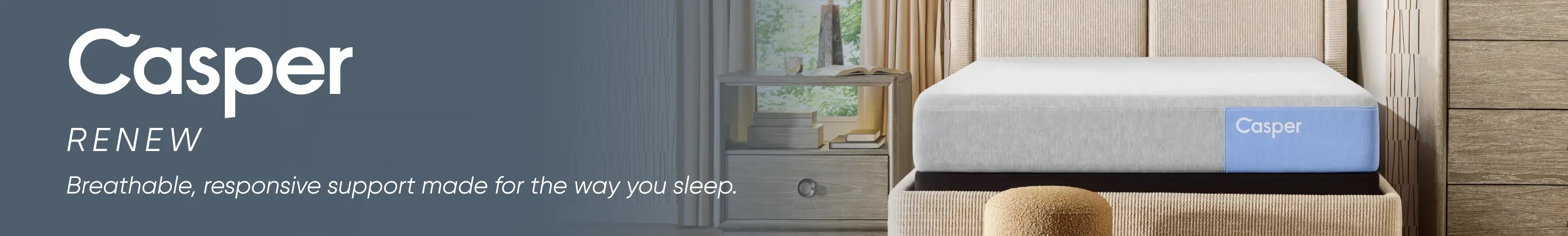 Casper RENEW: Breathable, responsive support made for the way you sleep. A Casper mattress in a modern bedroom setting.