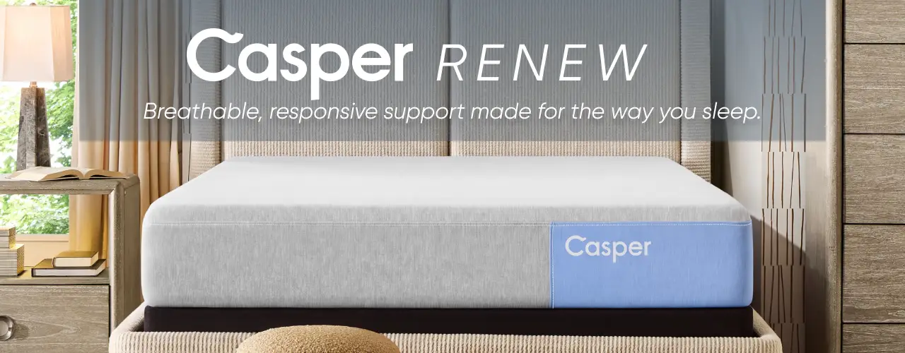 Casper RENEW: Breathable, responsive support made for the way you sleep. A Casper mattress in a modern bedroom setting.