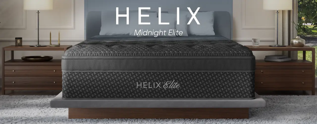 HELIX MIDNIGHT ELITE: A luxury mattress displayed in a modern, elegantly furnished bedroom.