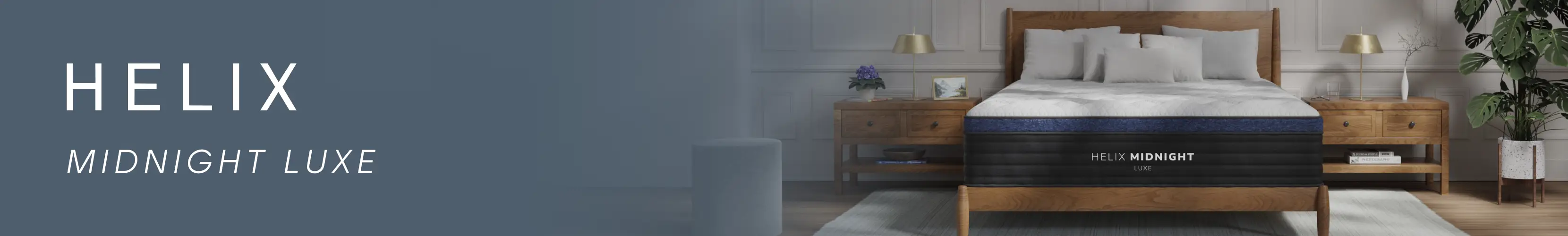 Helix Midnight Luxe mattress on a wooden bed frame in a bedroom setting.