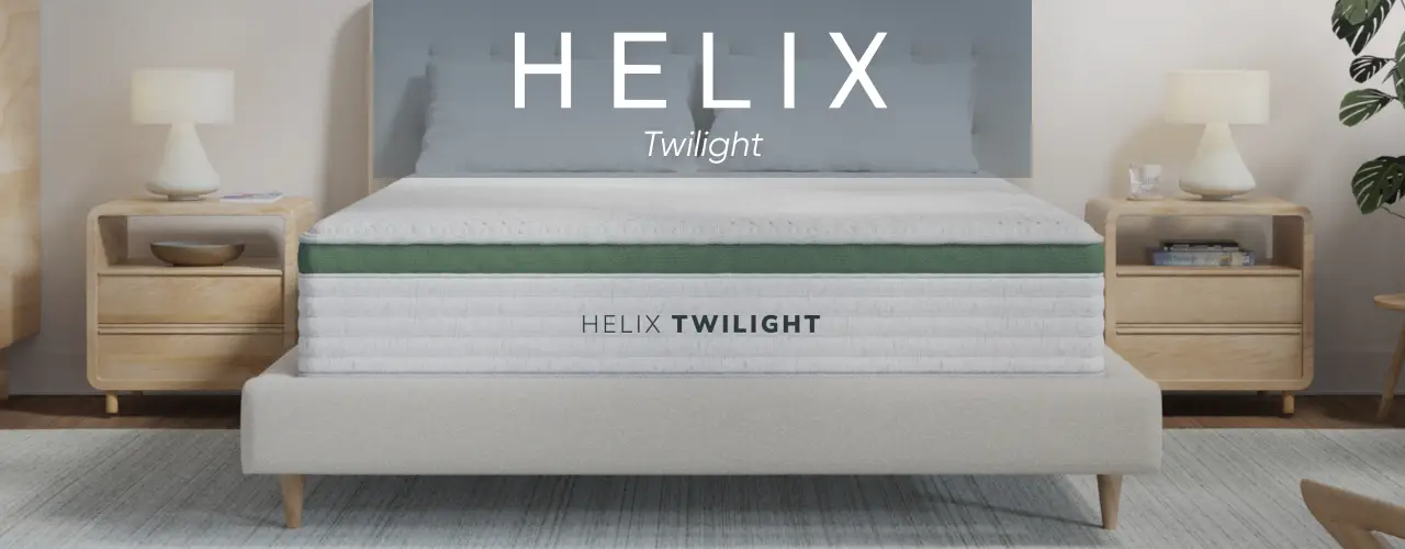 Helix Twilight mattress on a bed frame in a modern, minimalist bedroom.