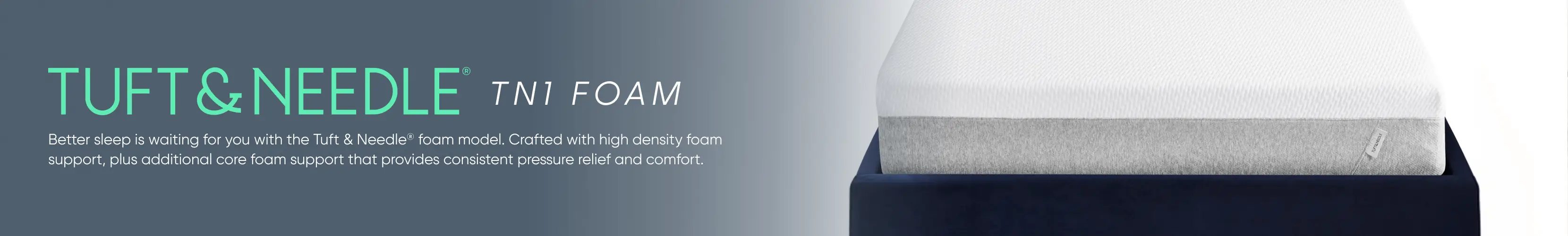 Tuft & Needle TN1 Foam mattress. A white and grey foam mattress sits on a dark blue bed frame.