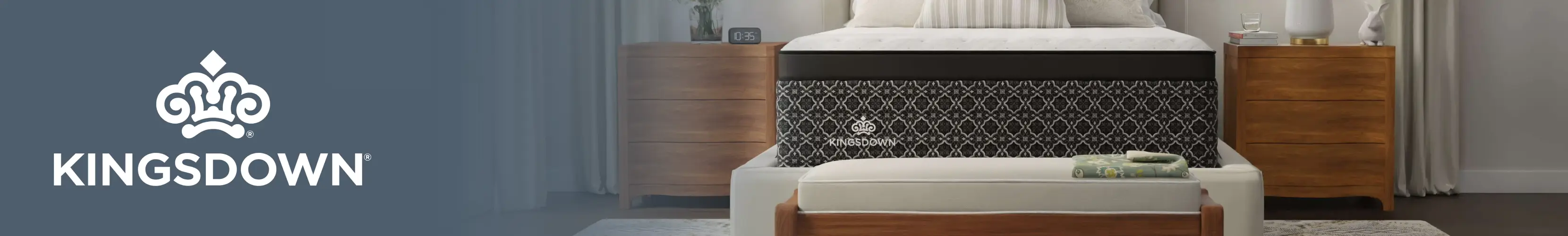 Kingsdown logo next to a bedroom scene featuring a mattress on a bed frame with wooden nightstands.