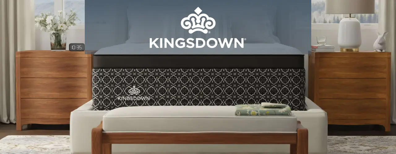 Kingsdown logo next to a bedroom scene featuring a mattress on a bed frame with wooden nightstands.