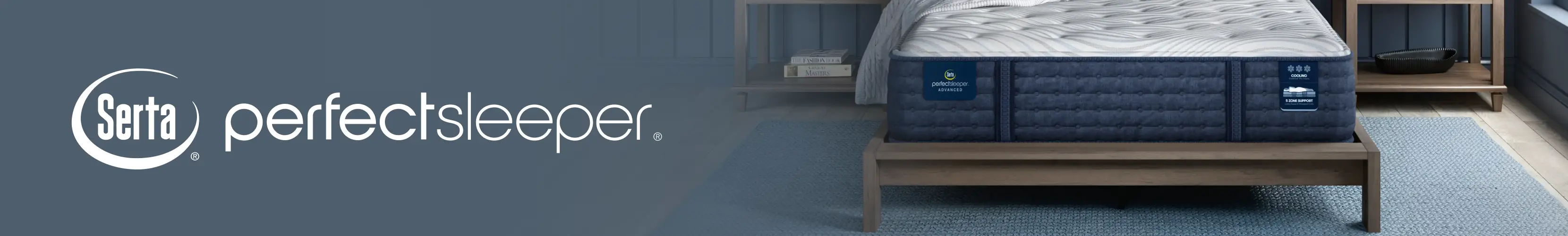 Serta Perfect Sleeper logo next to a mattress on a wooden bed frame in a bedroom setting.