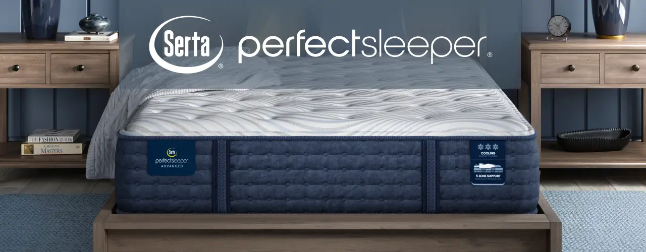 Serta Perfect Sleeper logo next to a mattress on a wooden bed frame in a bedroom setting.