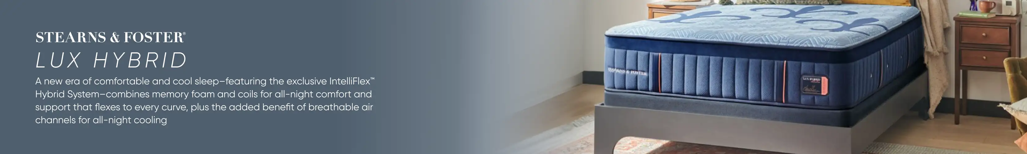 STEARNS & FOSTER LUX HYBRID. A blue mattress on a bed frame.
