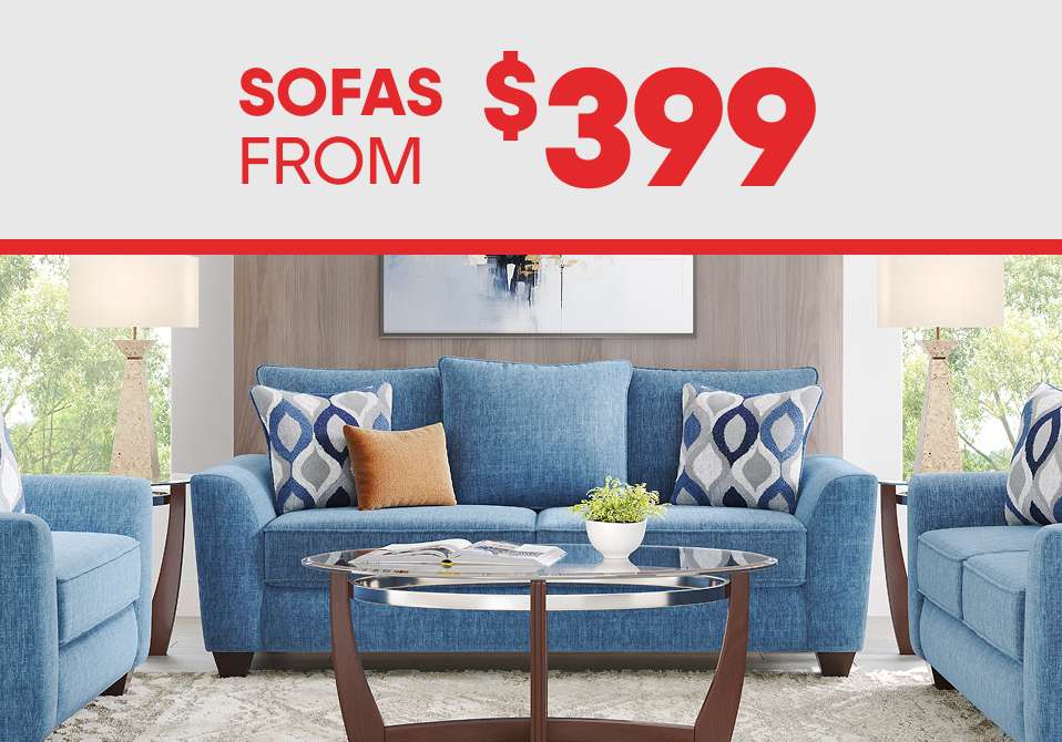 SOFAS FROM $399. A blue sofa and two blue armchairs are in a living room.
