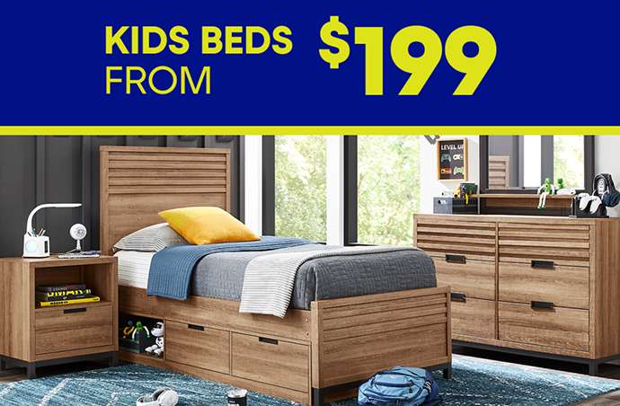KIDS BEDS FROM $199. A bedroom set with a bed, nightstand, and dresser.
