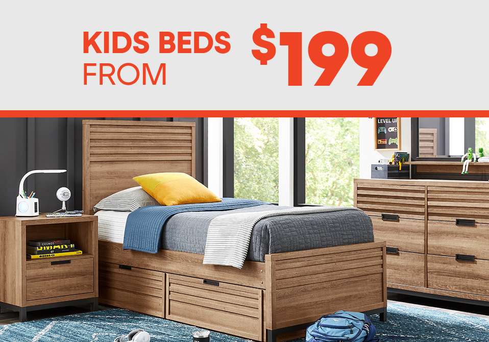 KIDS BEDS FROM $199. A bedroom set with a bed, nightstand, and dresser.
