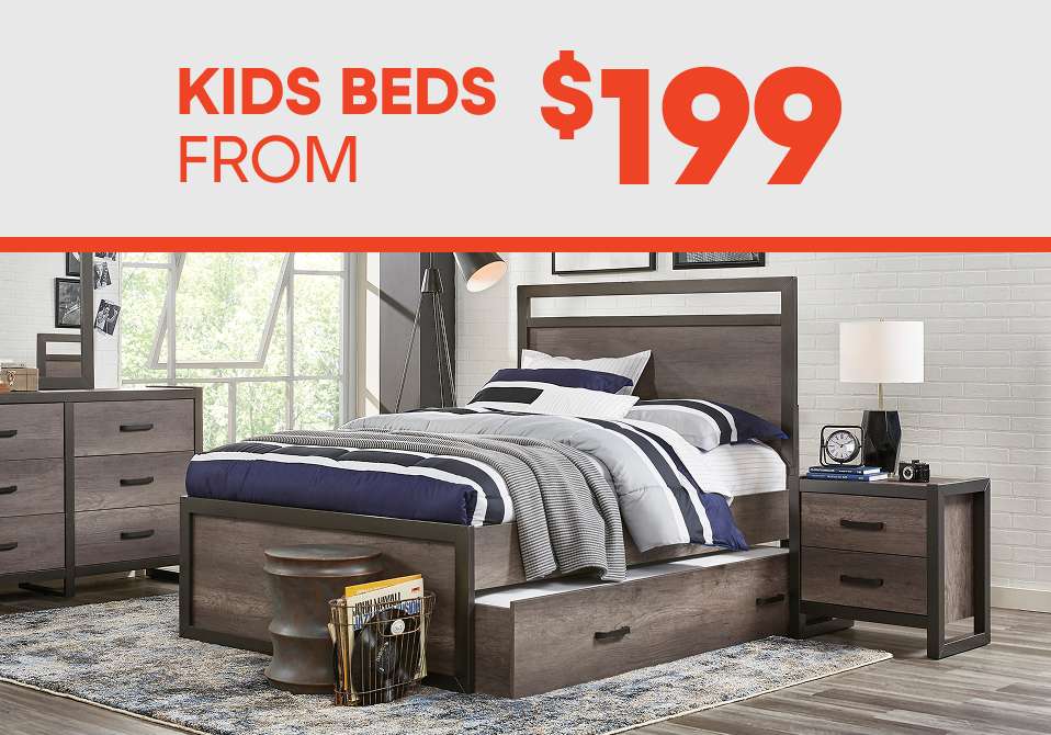 KIDS BEDS FROM $199. A bedroom set with a bed, dresser, and nightstand.
