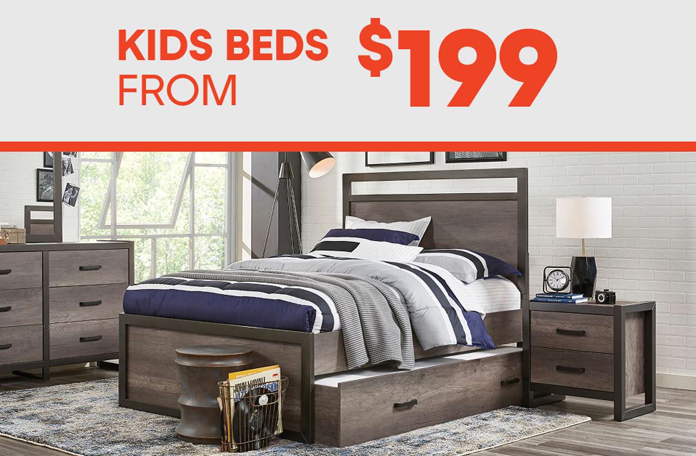 KIDS BEDS FROM $199. A bedroom set with a bed, dresser, and nightstand.
