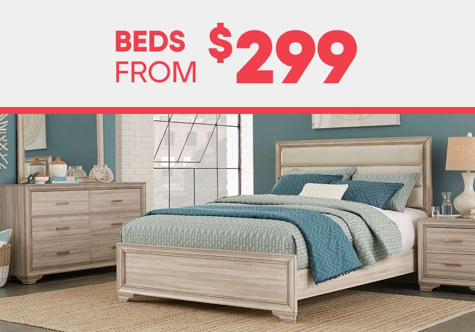 Beds from $299. A bedroom set with a bed, dresser, and nightstand.
