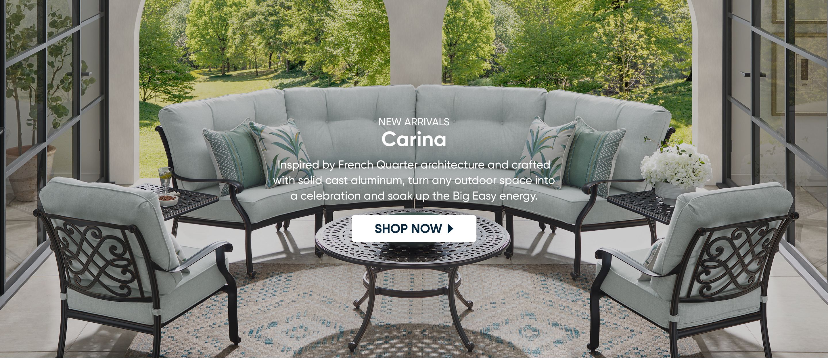 NEW ARRIVALS Carina. Outdoor furniture set with a sofa, chairs, and tables.
