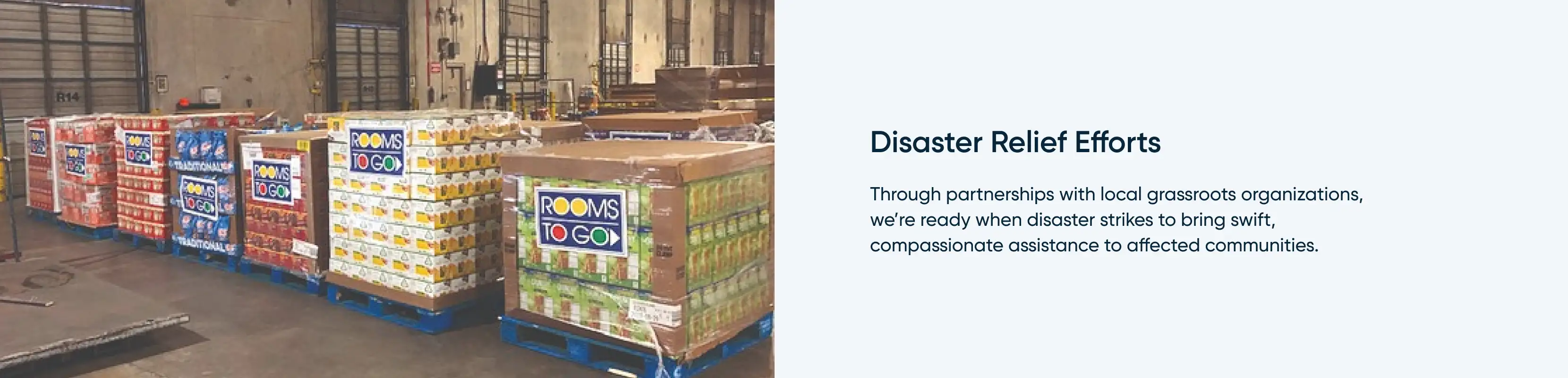 Pallets of food boxes labeled "Rooms To Go" for disaster relief.
