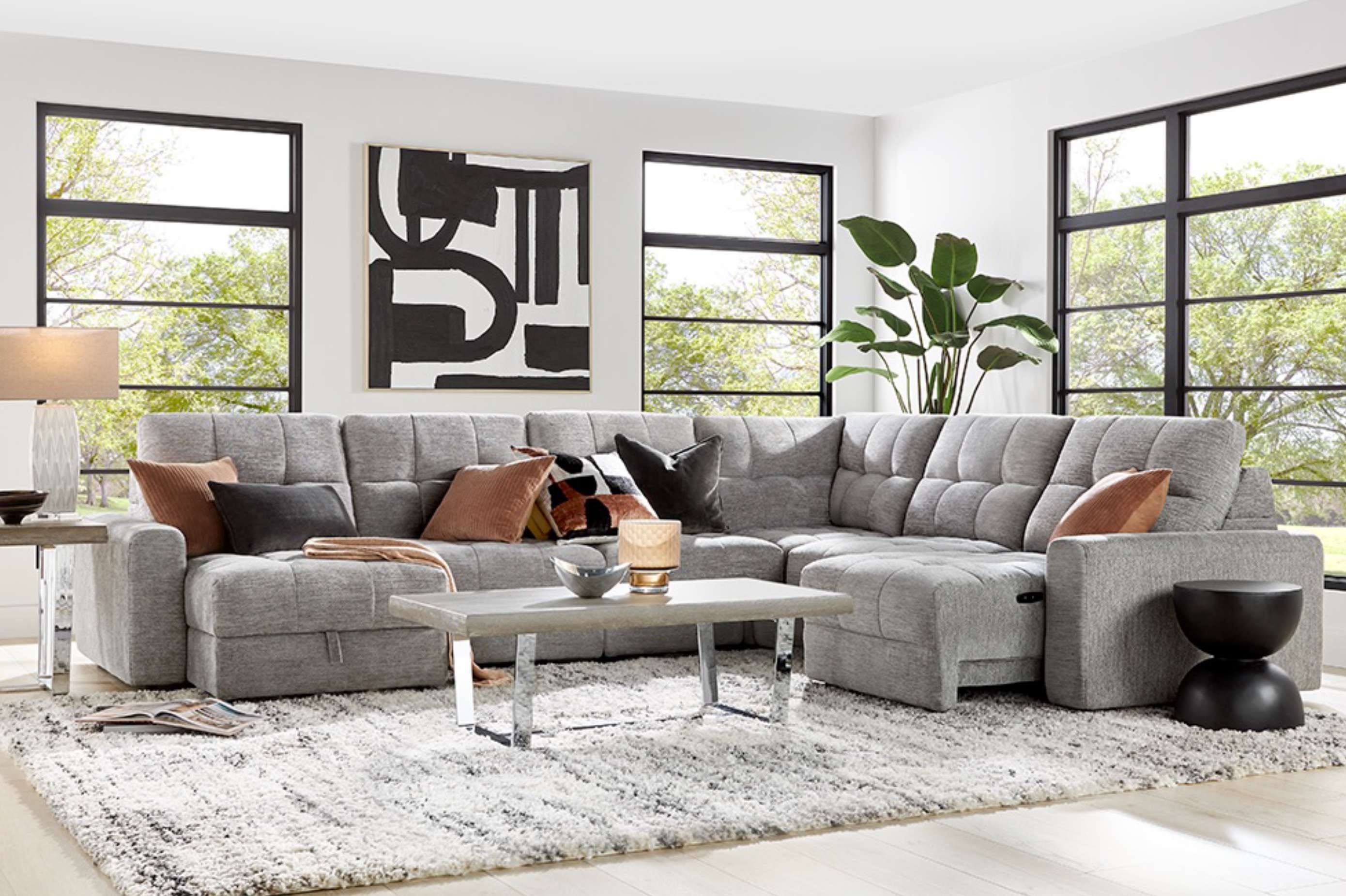 Gray sectional sofa in a modern living room.
