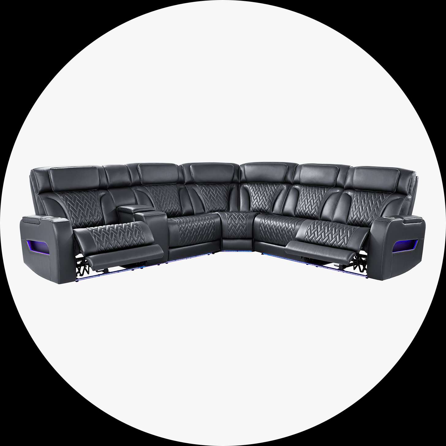 Black leather sectional sofa with diamond stitching and LED lighting.

