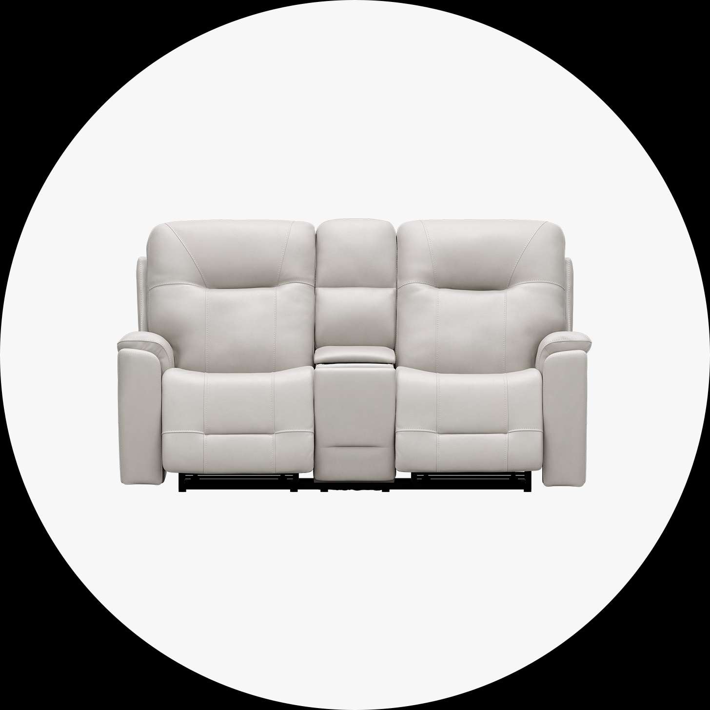 White leather reclining loveseat with a center console.
