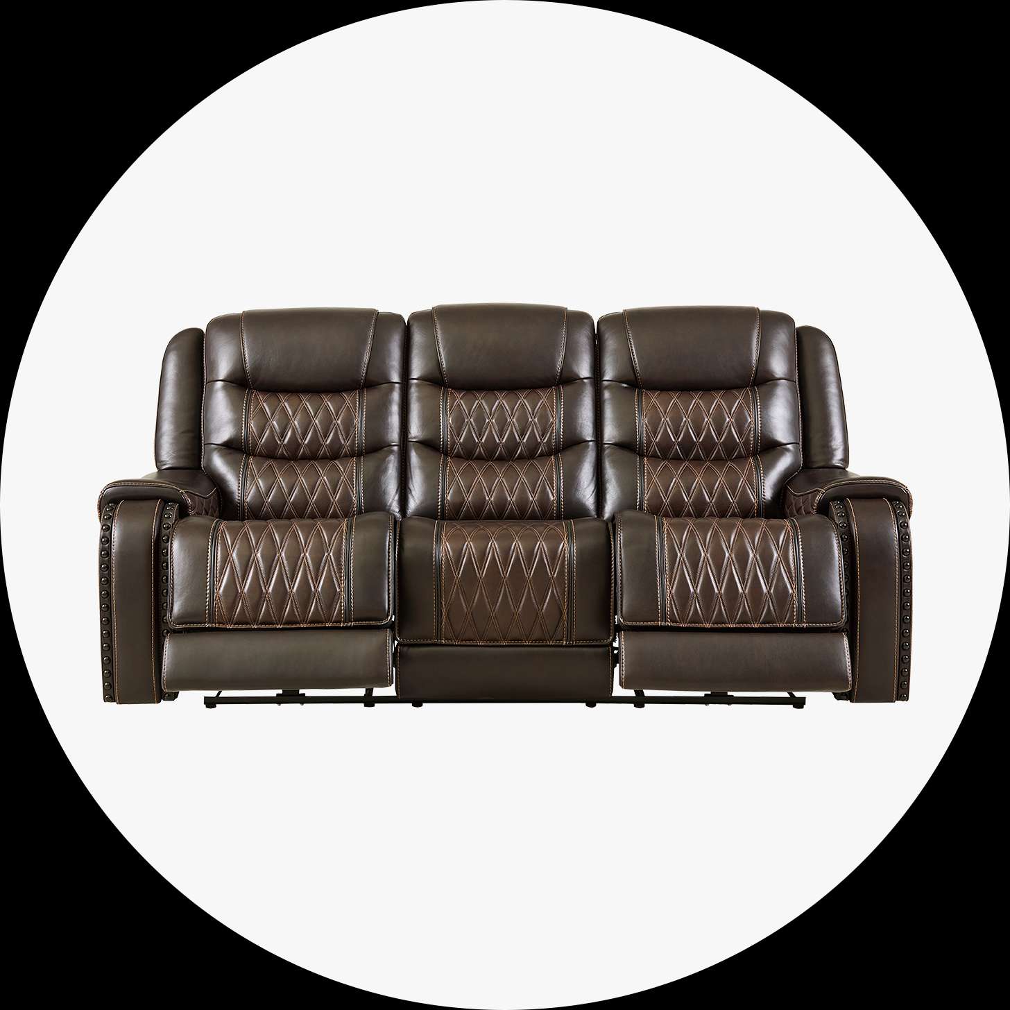 Brown leather reclining sofa with diamond stitching.
