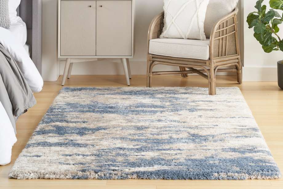 A blue and beige patterned rug on a wooden floor.

