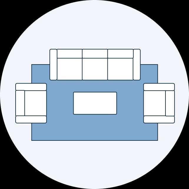 A top-down view of a living room layout with a sofa, two armchairs, and a coffee table on a rug.
