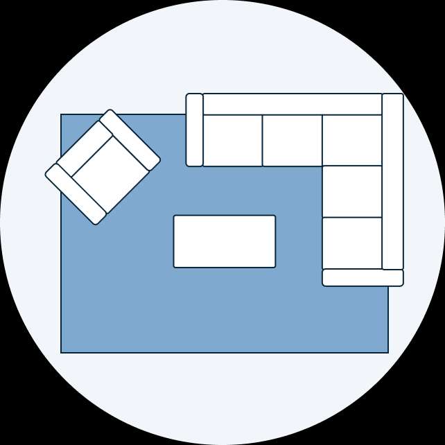 Top-down view of a living room layout with a blue rug, sectional sofa, armchair, and coffee table.
