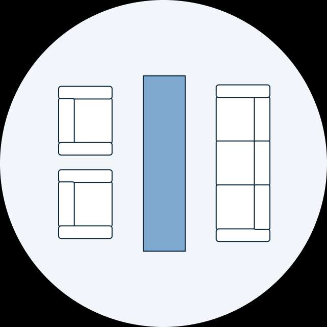 Floor plan with two small sofas, a long sofa, and a rug.
