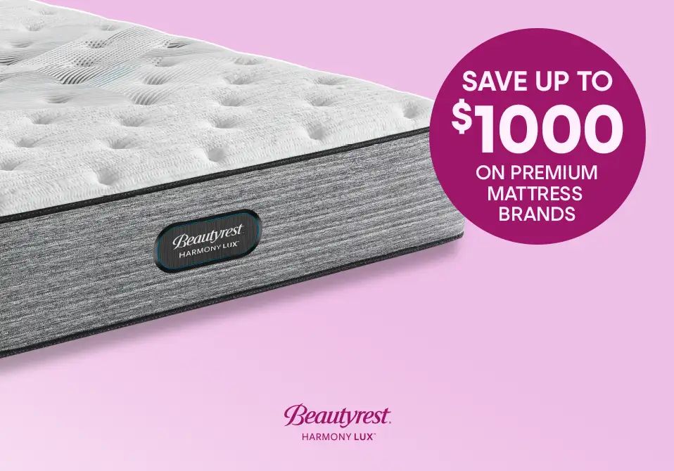 Beautyrest Harmony Lux mattress with a sale promotion: Save up to $1000 on premium mattress brands.

