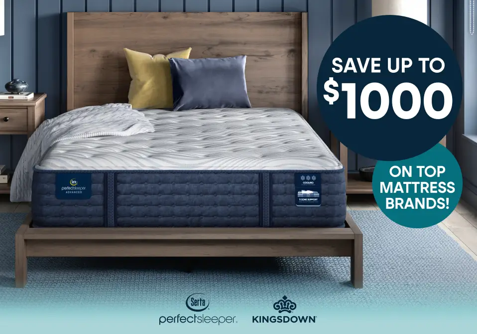 Save up to $1000 on top mattress brands Serta Perfect Sleeper and Kingsdown, featuring a mattress on a wooden bed frame.