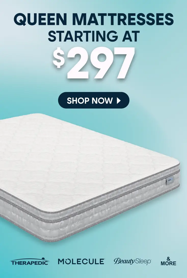 Queen mattresses starting at $297. Shop now. A white mattress is displayed above brand logos including Therapedic.