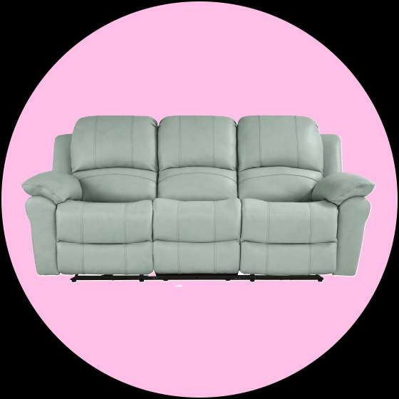 Light blue leather reclining sofa.
