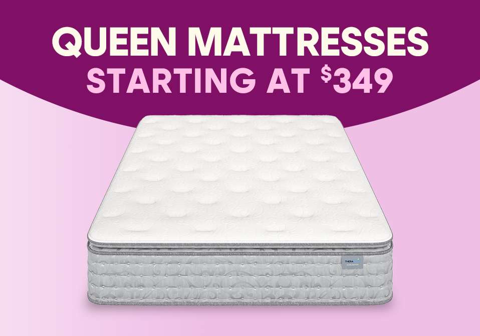 QUEEN MATTRESSES STARTING AT $349. A white mattress on a pink background.
