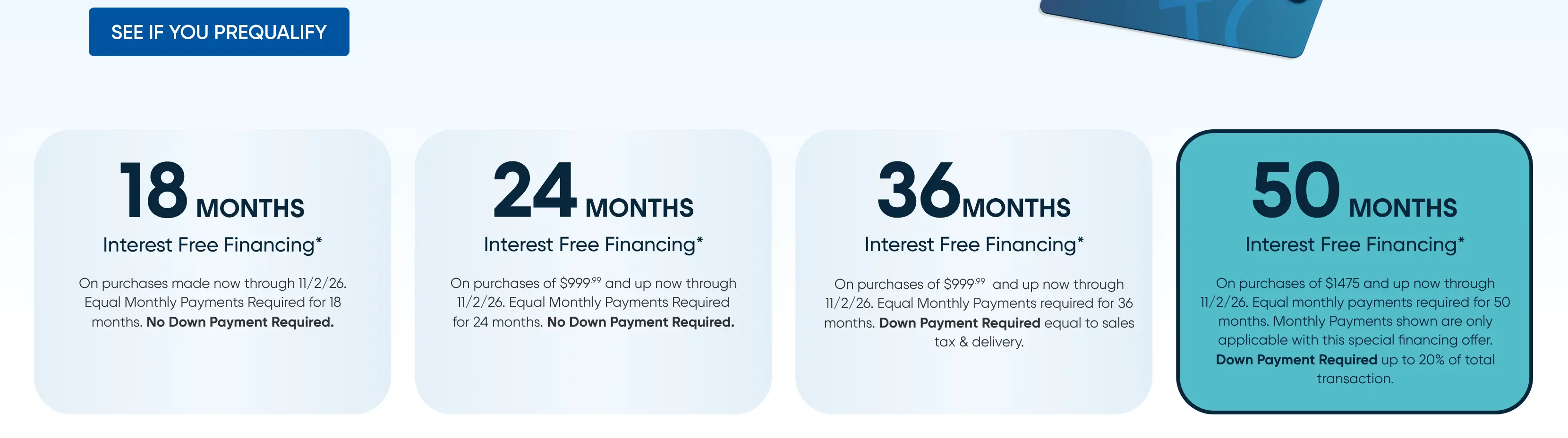 Promotional graphic showing interest-free financing options for 18, 24, 36, and 50 months with specific purchase requirements.