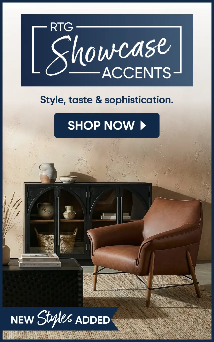 RTG Showcase Accents: Style, taste & sophistication. Shop Now. A brown leather armchair next to a black cabinet.