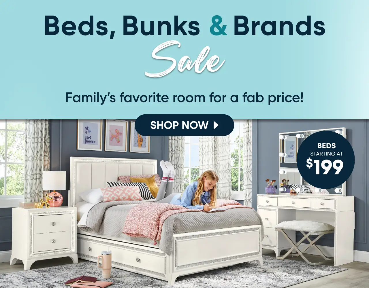 Beds, Bunks & Brands Sale. Save on great looks for growing kids! Shop now. Beds starting at $199. A girl writing on a bed.