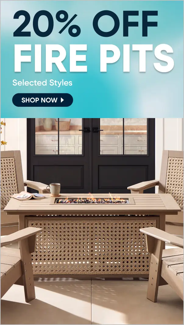 20% OFF FIRE PITS Selected Styles. A rectangular outdoor fire pit table with a woven base surrounded by patio chairs.