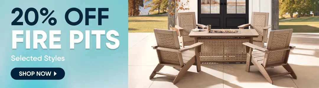 20% OFF FIRE PITS Selected Styles. A rectangular outdoor fire pit table with a woven base surrounded by patio chairs.