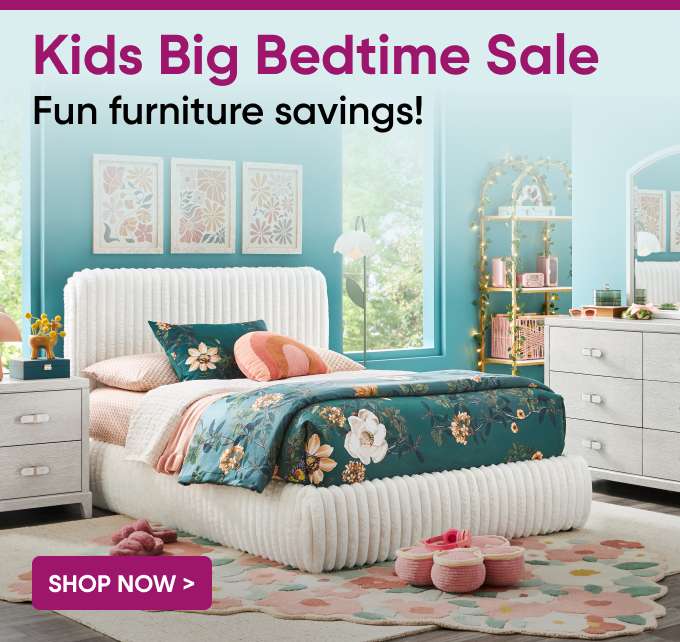 Kids Big Bedtime Sale. Fun furniture savings! A bedroom with a bed, dresser, and rug.
