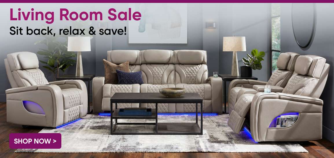 Living Room Sale. Sit back, relax & save! A living room set with a sofa and recliners.

